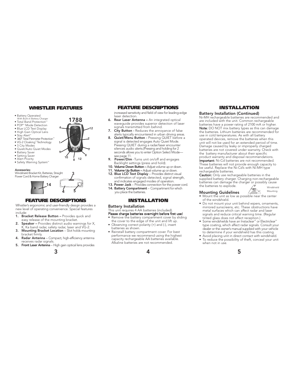 Whistler features feature descriptions, Installation, Feature descriptions | Whistler 1788 User Manual | Page 3 / 10