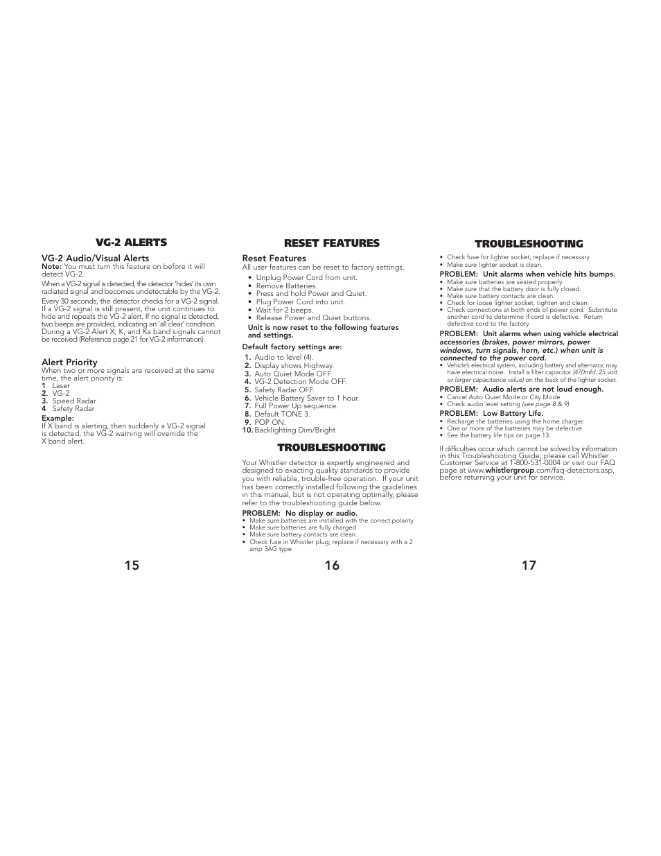 Troubleshooting, Vg-2 alerts, Reset features | Whistler 1788 User Manual | Page 7 / 10