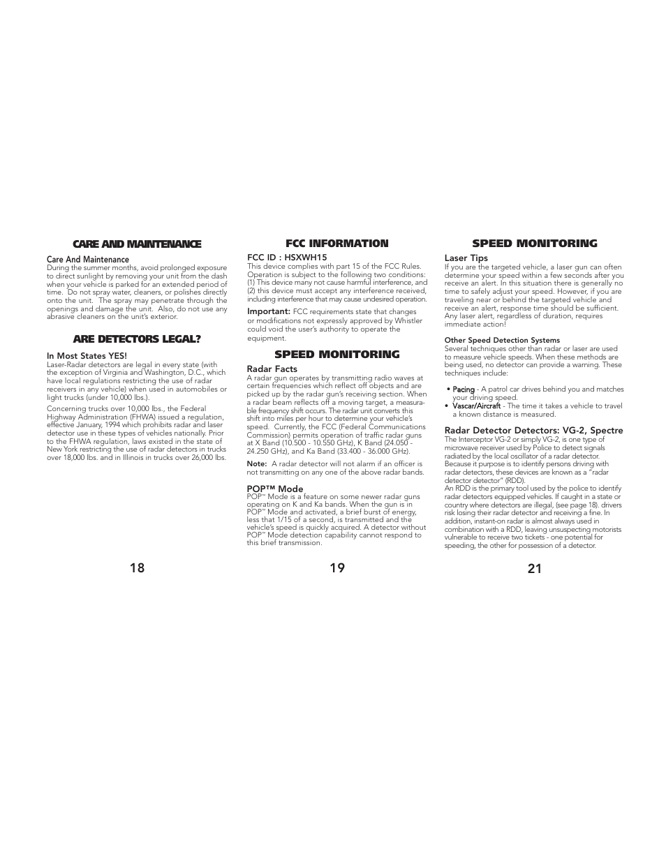 Fcc information care and maintenance, Are detectors legal, Speed monitoring | Whistler 1788 User Manual | Page 8 / 10