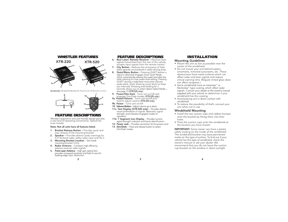 Feature descriptions | Whistler XTR-520 User Manual | Page 2 / 10