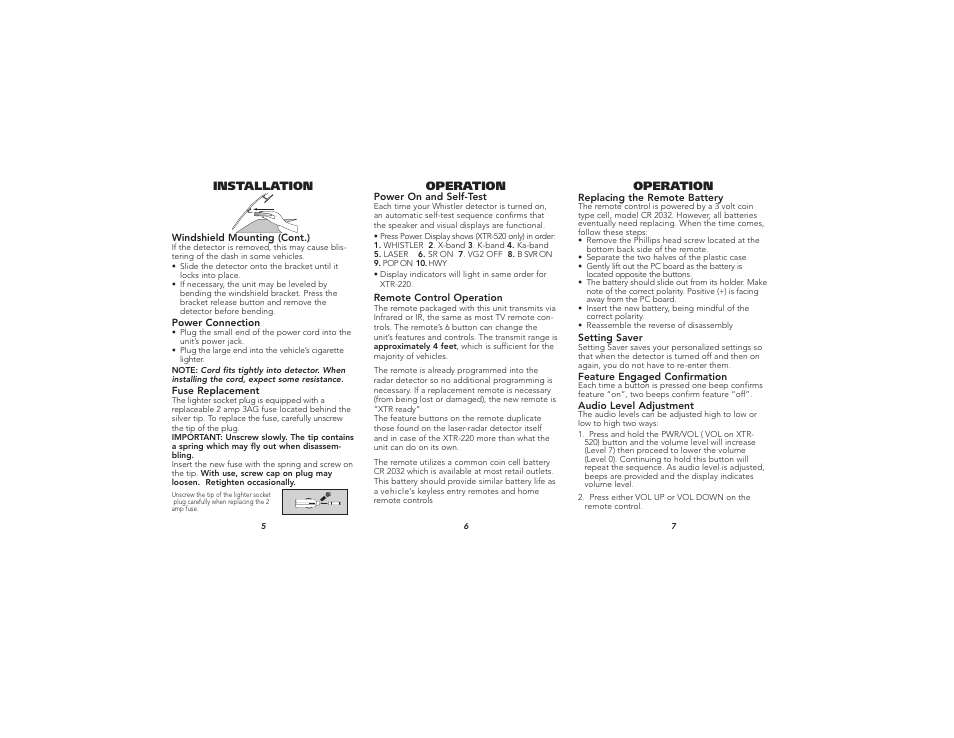 Installation operation, Operation | Whistler XTR-520 User Manual | Page 3 / 10