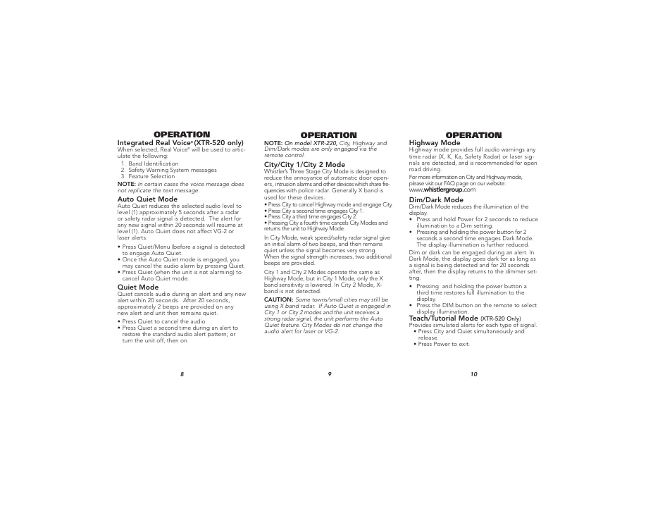 Operation | Whistler XTR-520 User Manual | Page 4 / 10