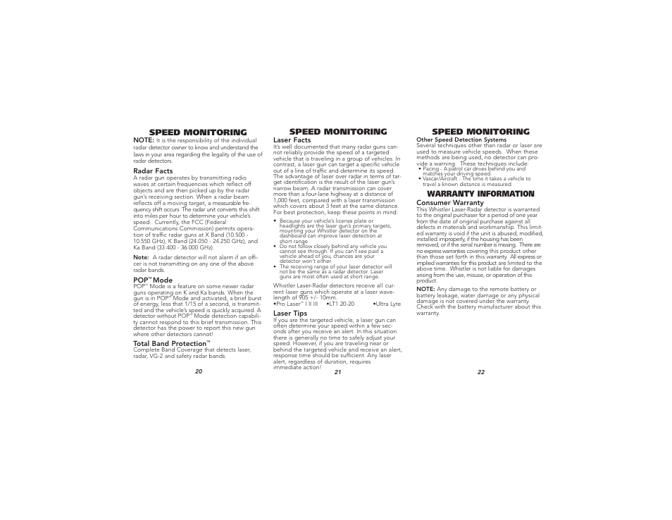 Speed monitoring, Warranty information | Whistler XTR-520 User Manual | Page 8 / 10