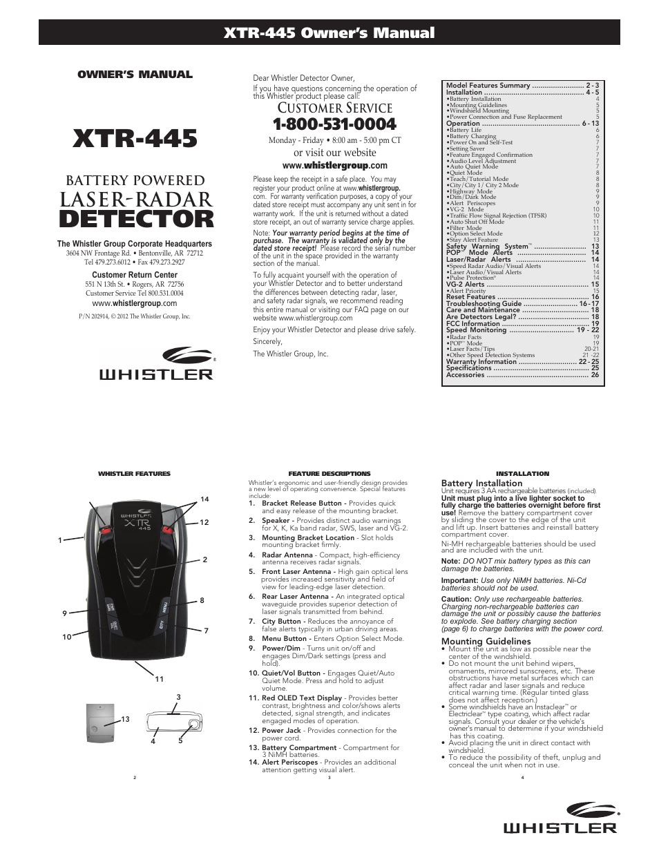 Whistler XTR-445 User Manual | 5 pages