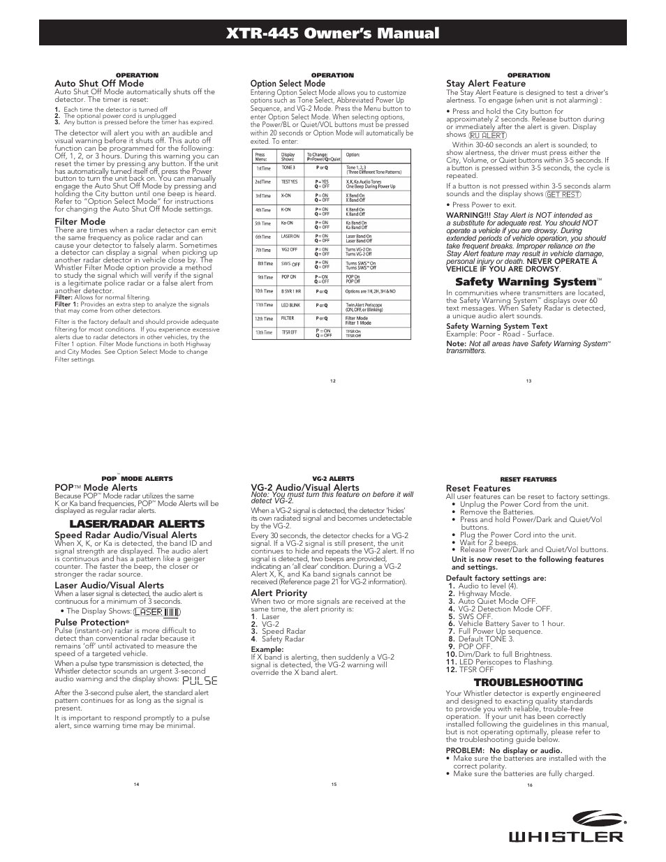 Xtr-445 owner’s manual, Safety warning system, Laser/radar alerts | Troubleshooting | Whistler XTR-445 User Manual | Page 3 / 5