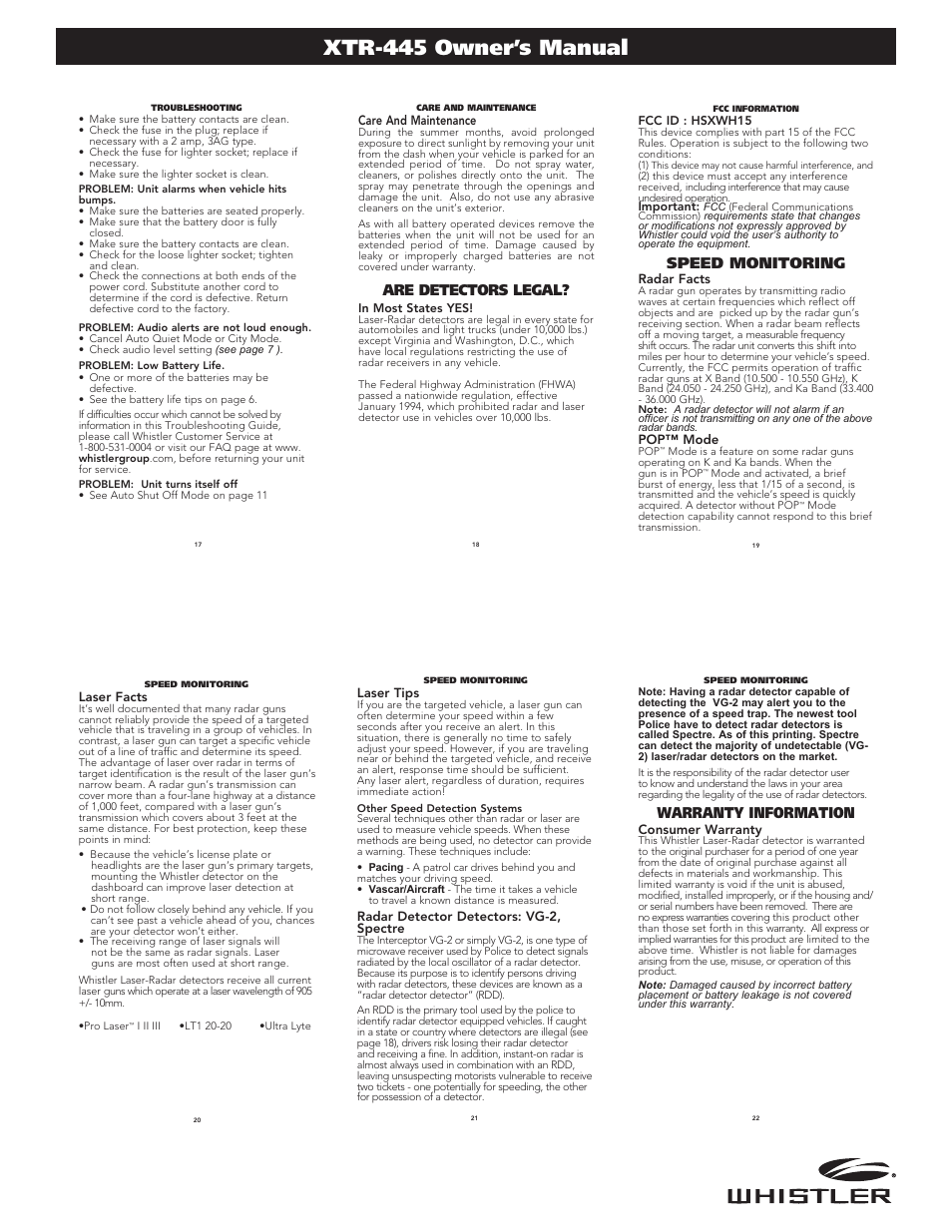 Xtr-445 owner’s manual, Are detectors legal, Speed monitoring | Warranty information | Whistler XTR-445 User Manual | Page 4 / 5