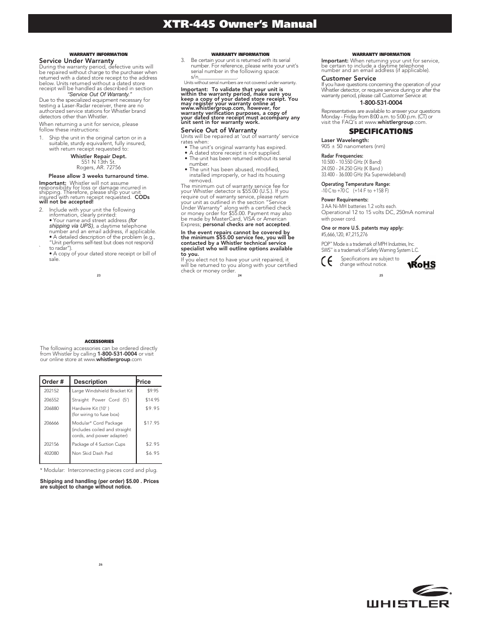 Xtr-445 owner’s manual, Specifications | Whistler XTR-445 User Manual | Page 5 / 5
