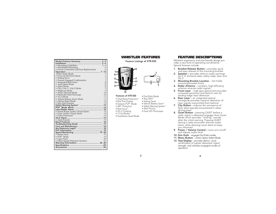 Whistler features, Feature descriptions | Whistler XTR-500 User Manual | Page 2 / 9