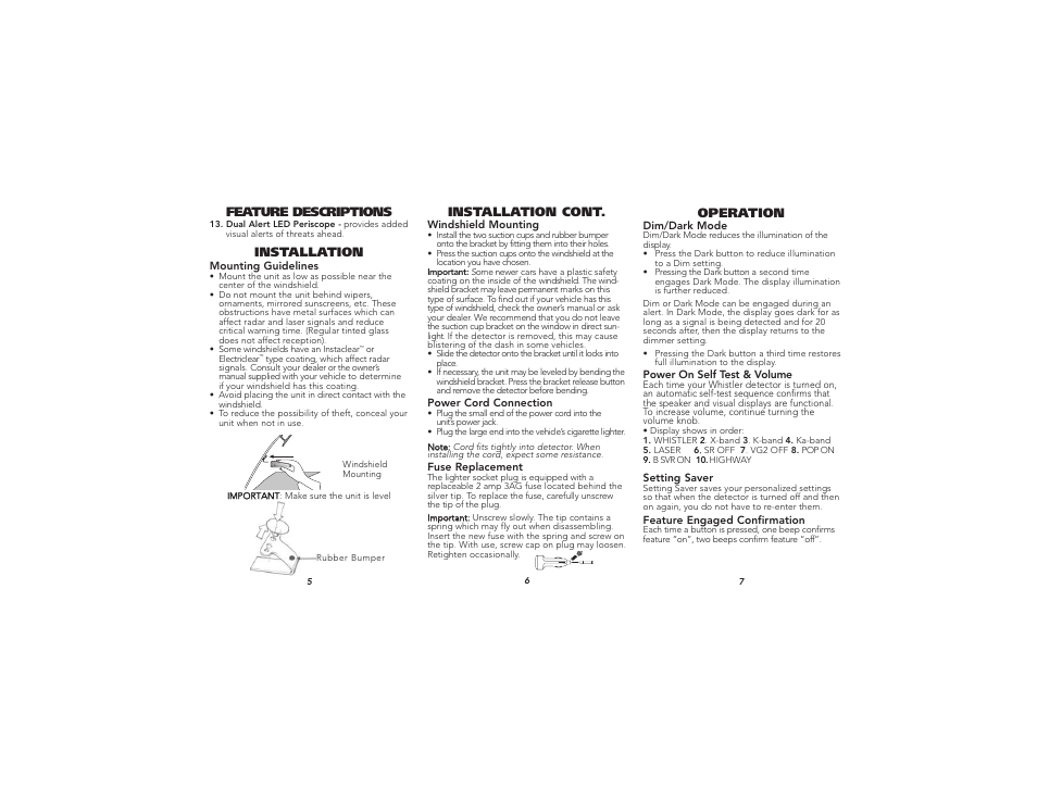 Installation, Feature descriptions, Installation cont | Operation | Whistler XTR-500 User Manual | Page 3 / 9