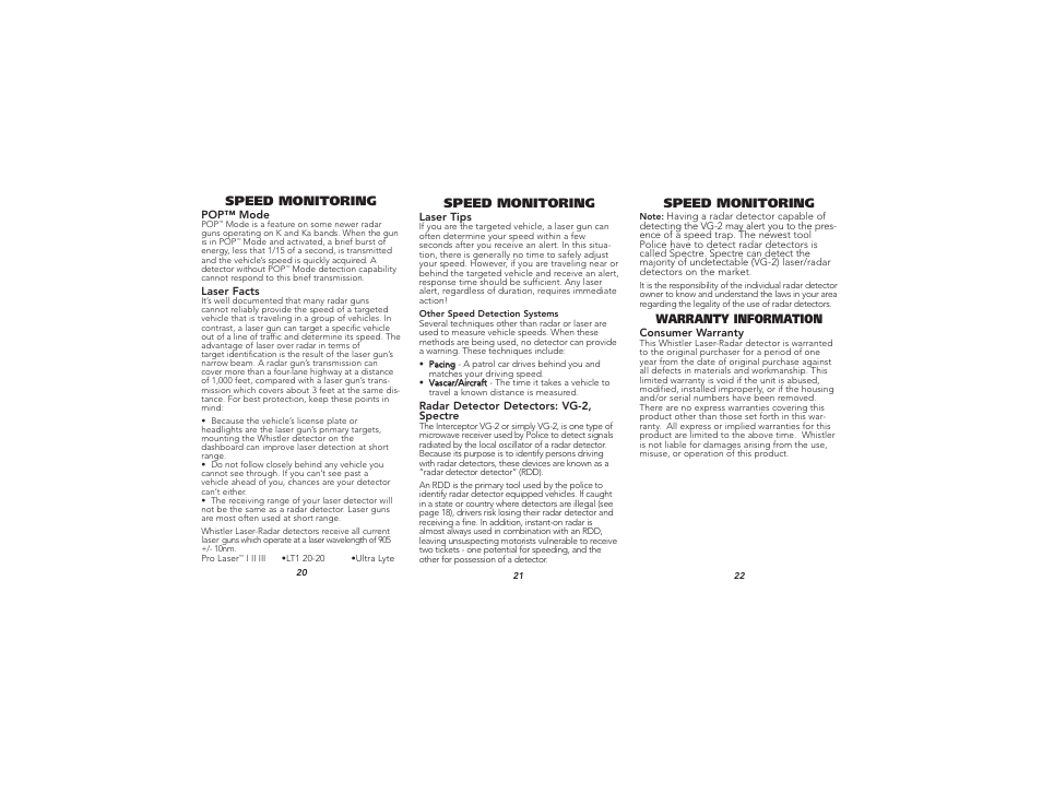 Speed monitoring, Warranty information | Whistler XTR-500 User Manual | Page 8 / 9