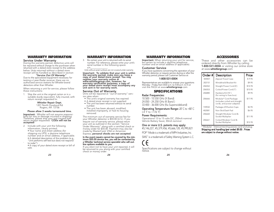 Warranty information, Speci fic ations, Accessories | Whistler XTR-500 User Manual | Page 9 / 9