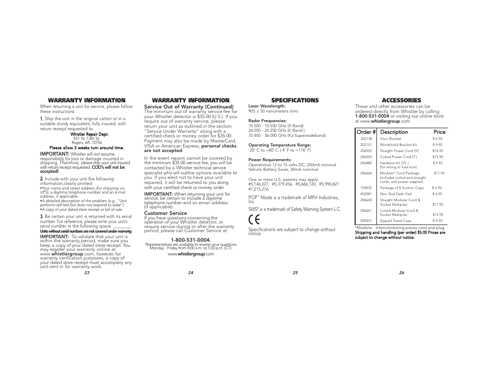 Warranty information, Specifications, Accessories | Whistler XTR-260 User Manual | Page 9 / 9