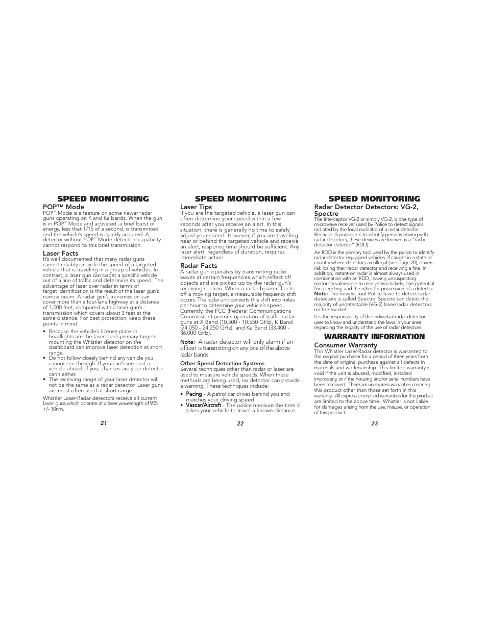 Speed monitoring, Warranty information | Whistler Laser XTR-690SE User Manual | Page 8 / 9