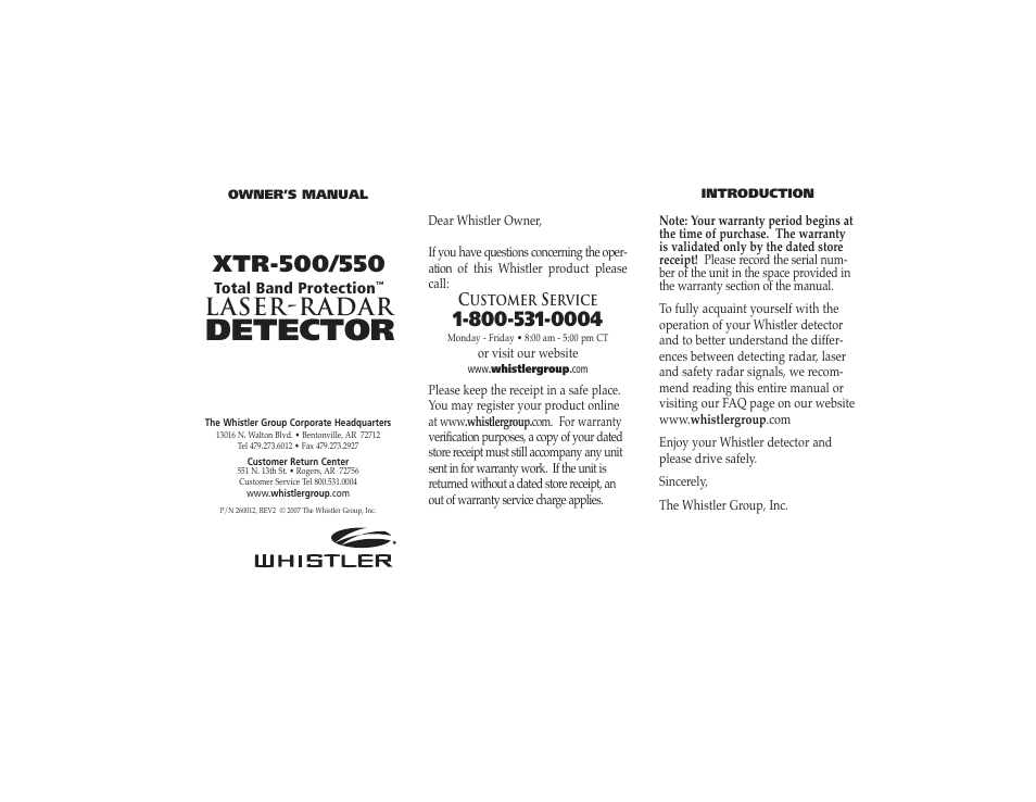 Whistler TOTAL BAND PROTECTION XTR-500 User Manual | 9 pages