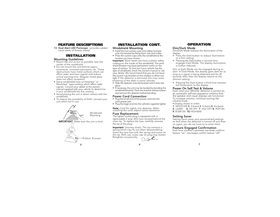 Installation, Feature descriptions, Installation cont | Operation | Whistler TOTAL BAND PROTECTION XTR-500 User Manual | Page 3 / 9