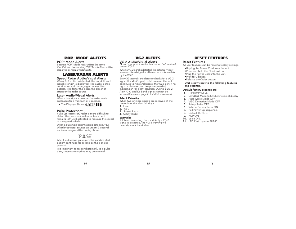 Laser/radar alerts, Mode alerts, Vg-2 alerts | Reset features | Whistler TOTAL BAND PROTECTION XTR-500 User Manual | Page 6 / 9