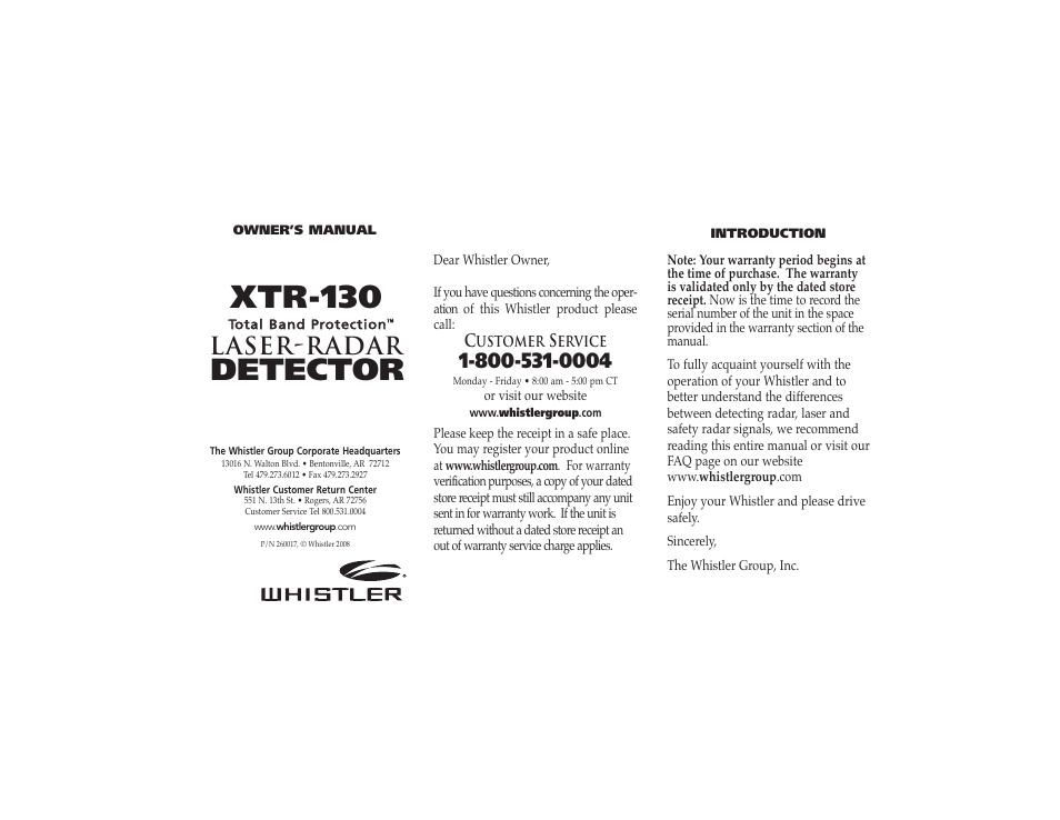Whistler XTR-130 User Manual | 9 pages