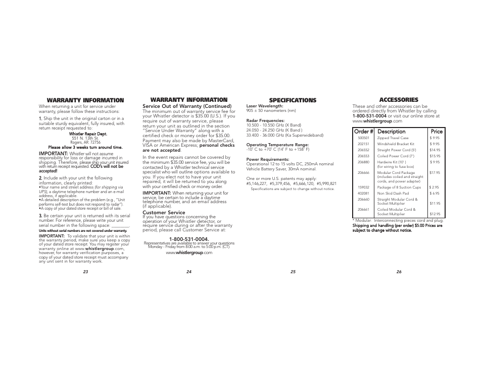 Warranty information, Specifications, Accessories | Whistler XTR-130 User Manual | Page 9 / 9