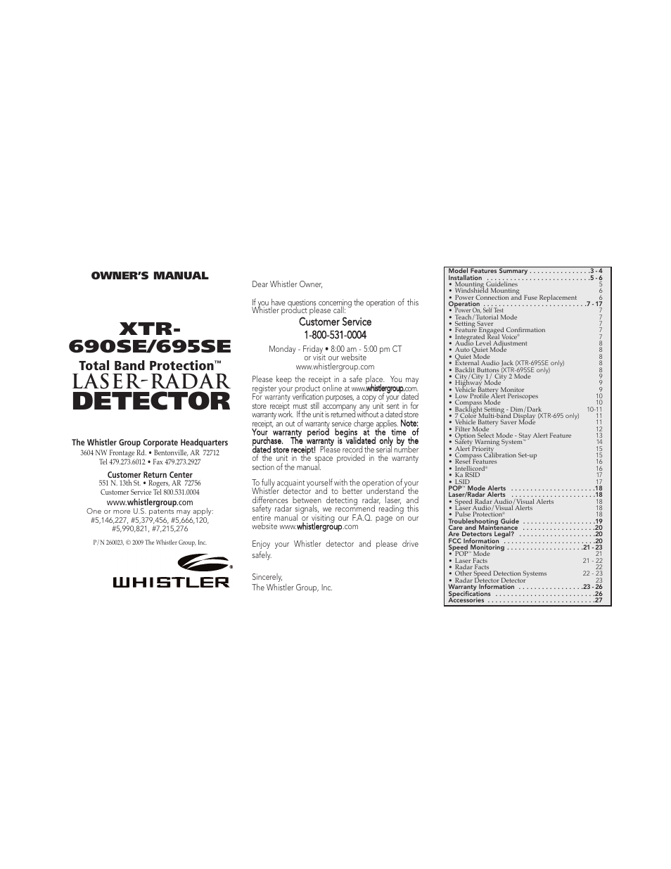 Whistler TOTAL BAND PROTECTION XTR- 695SE User Manual | 9 pages