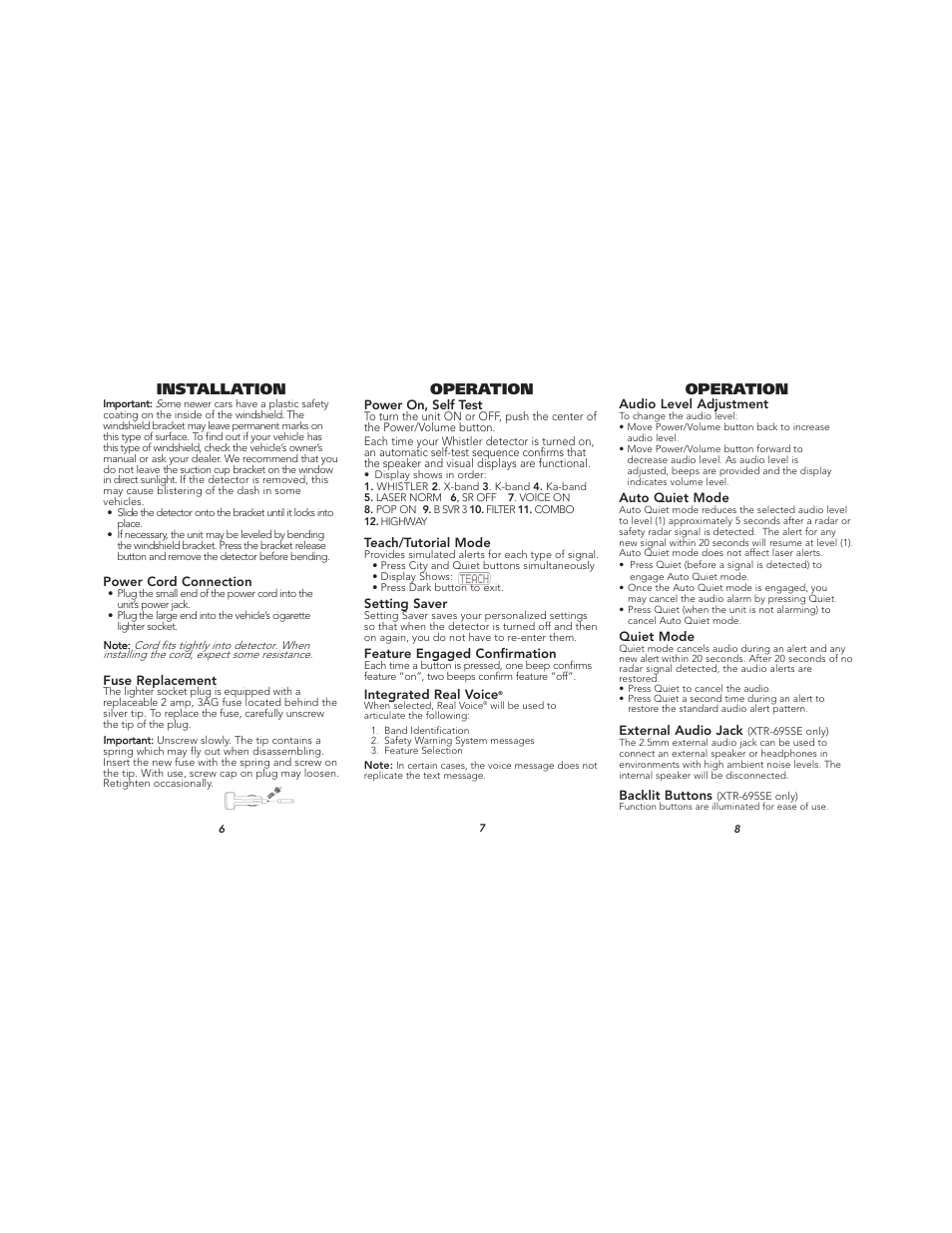 Installation operation, Operation | Whistler TOTAL BAND PROTECTION XTR- 695SE User Manual | Page 3 / 9
