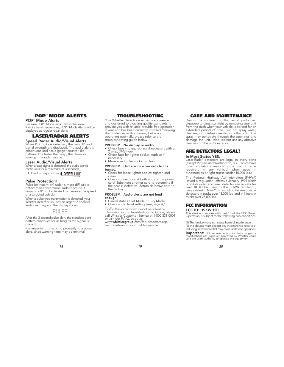 Laser/radar alerts, Mode alerts, Troubleshooting | Are detectors legal, Fcc information, Care and maintenance | Whistler TOTAL BAND PROTECTION XTR- 695SE User Manual | Page 7 / 9
