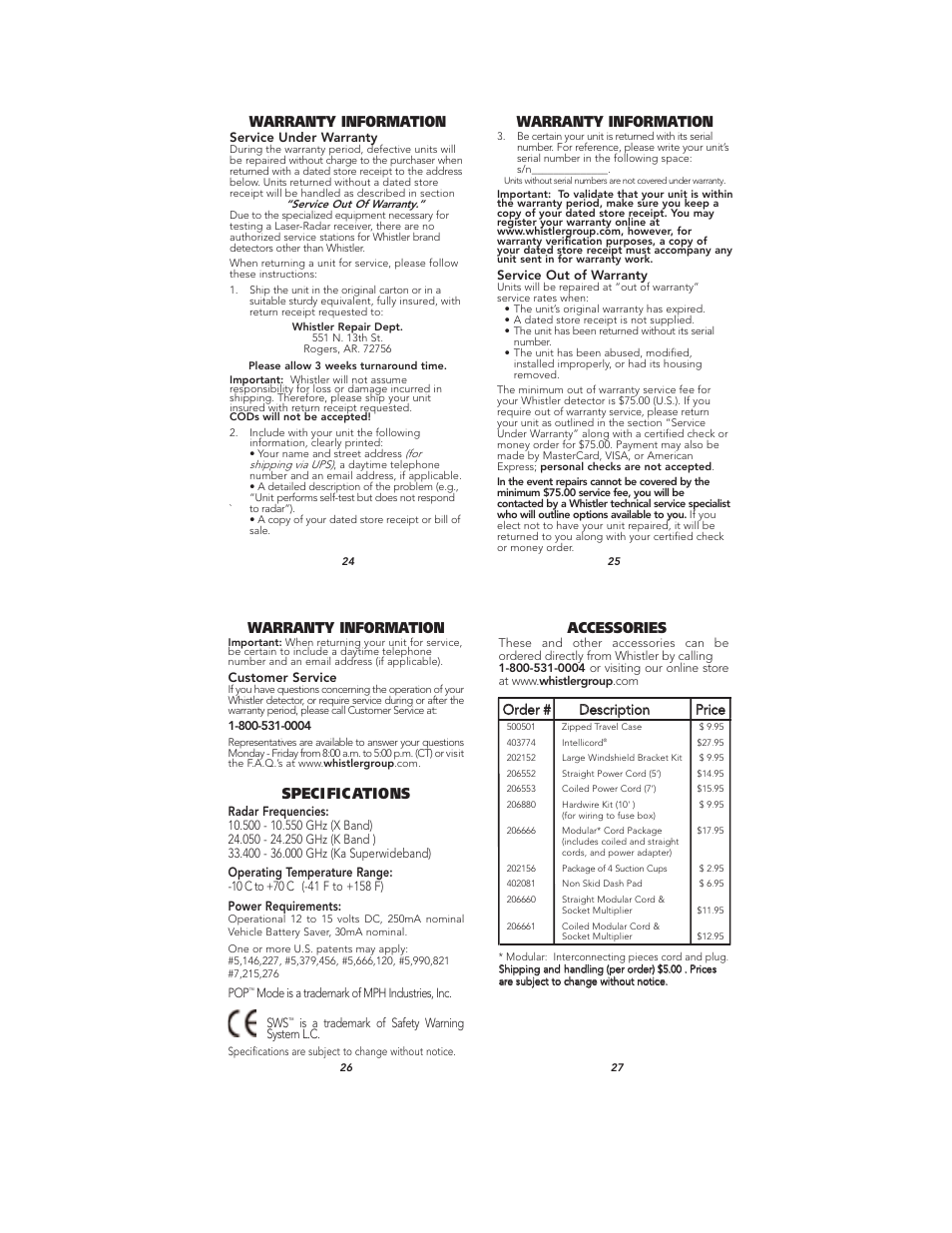Warranty information, Speci fic ations, Accessories | Whistler TOTAL BAND PROTECTION XTR- 695SE User Manual | Page 9 / 9