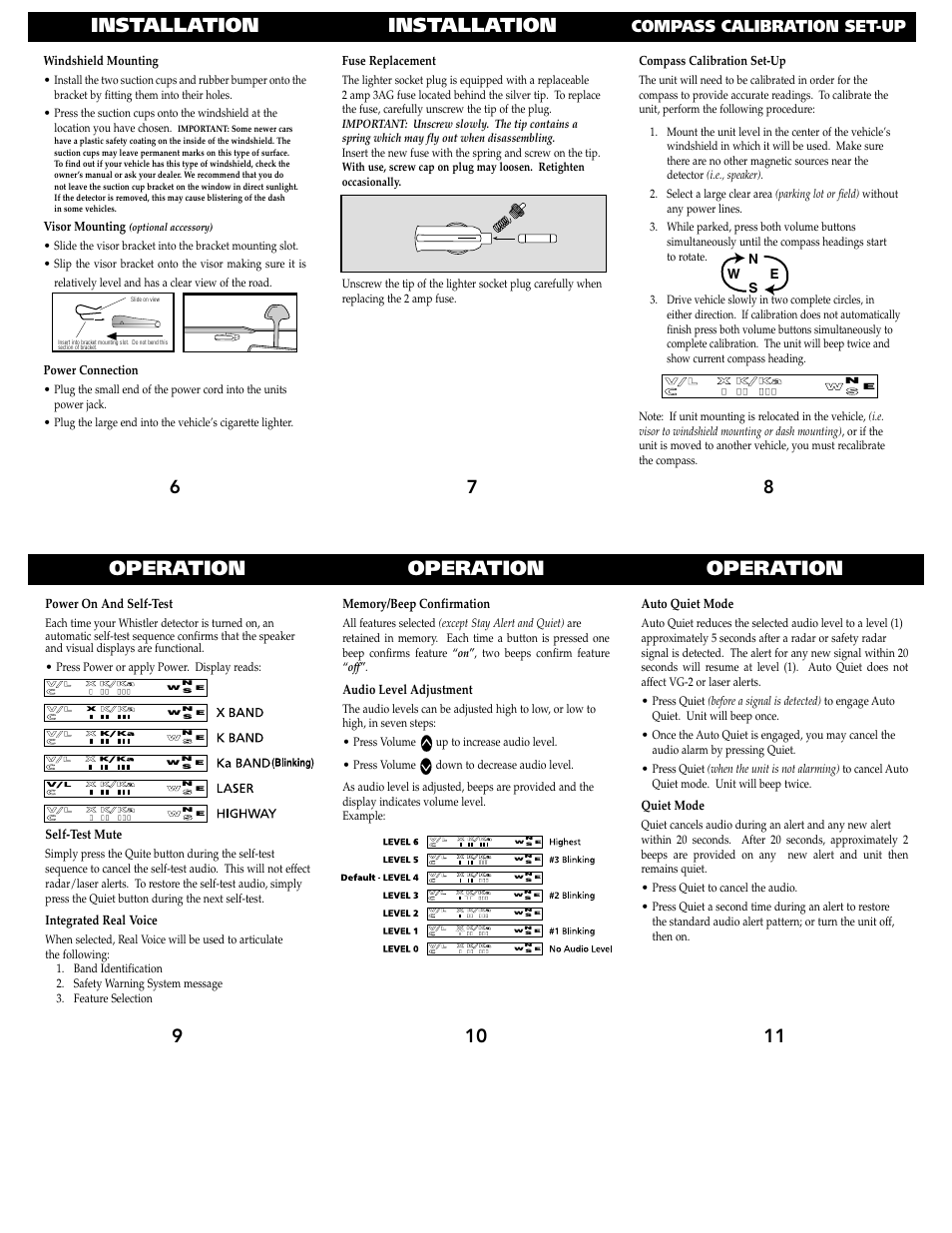 Installation, Operation, Compass calibration set-up | Whistler 1640 User Manual | Page 3 / 7