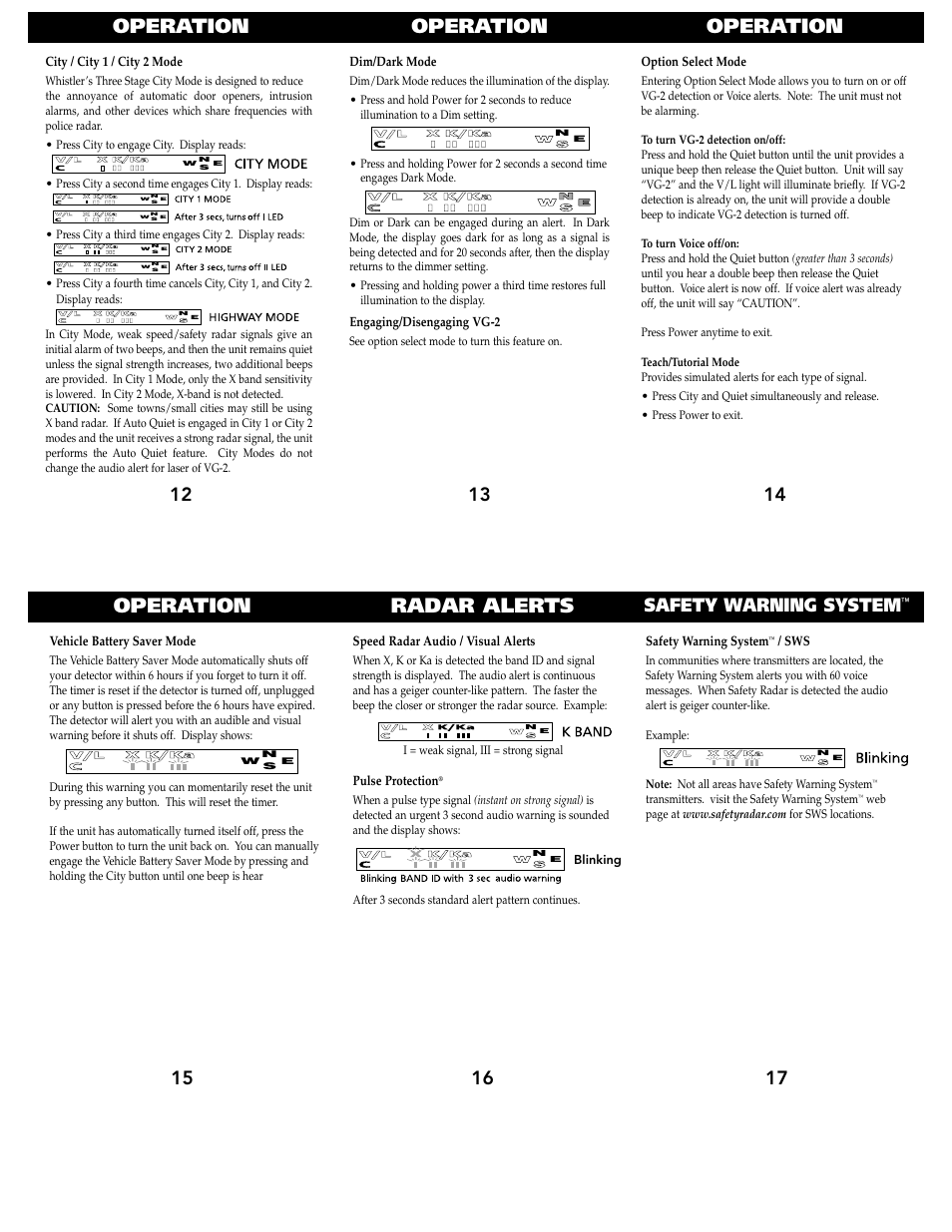 Operation, Radar alerts, 17 safety warning system | Whistler 1640 User Manual | Page 4 / 7