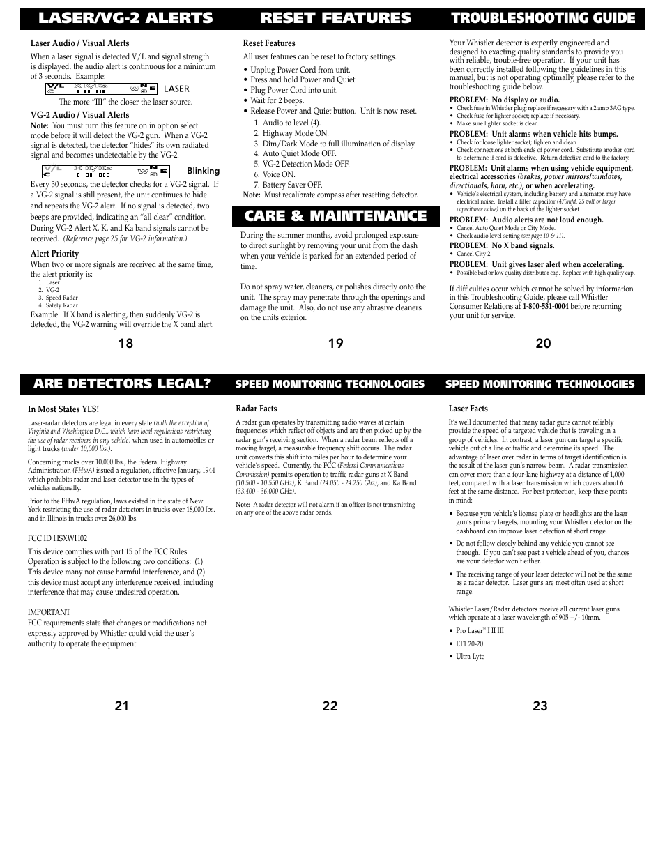 Laser/vg-2 alerts, Reset features, Troubleshooting guide | Care & maintenance, Are detectors legal | Whistler 1640 User Manual | Page 5 / 7