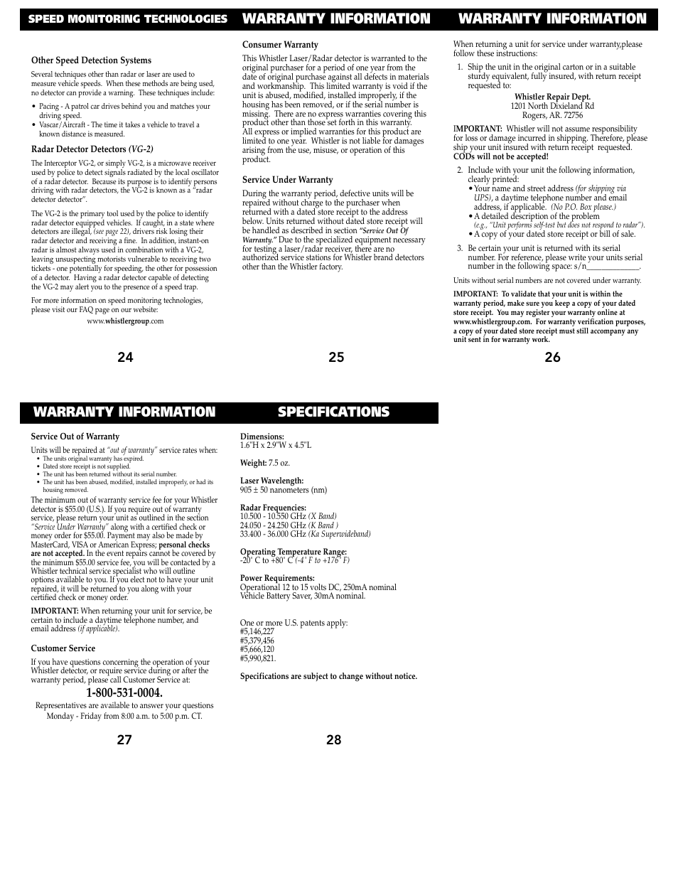 Warranty information, Specifications | Whistler 1640 User Manual | Page 6 / 7