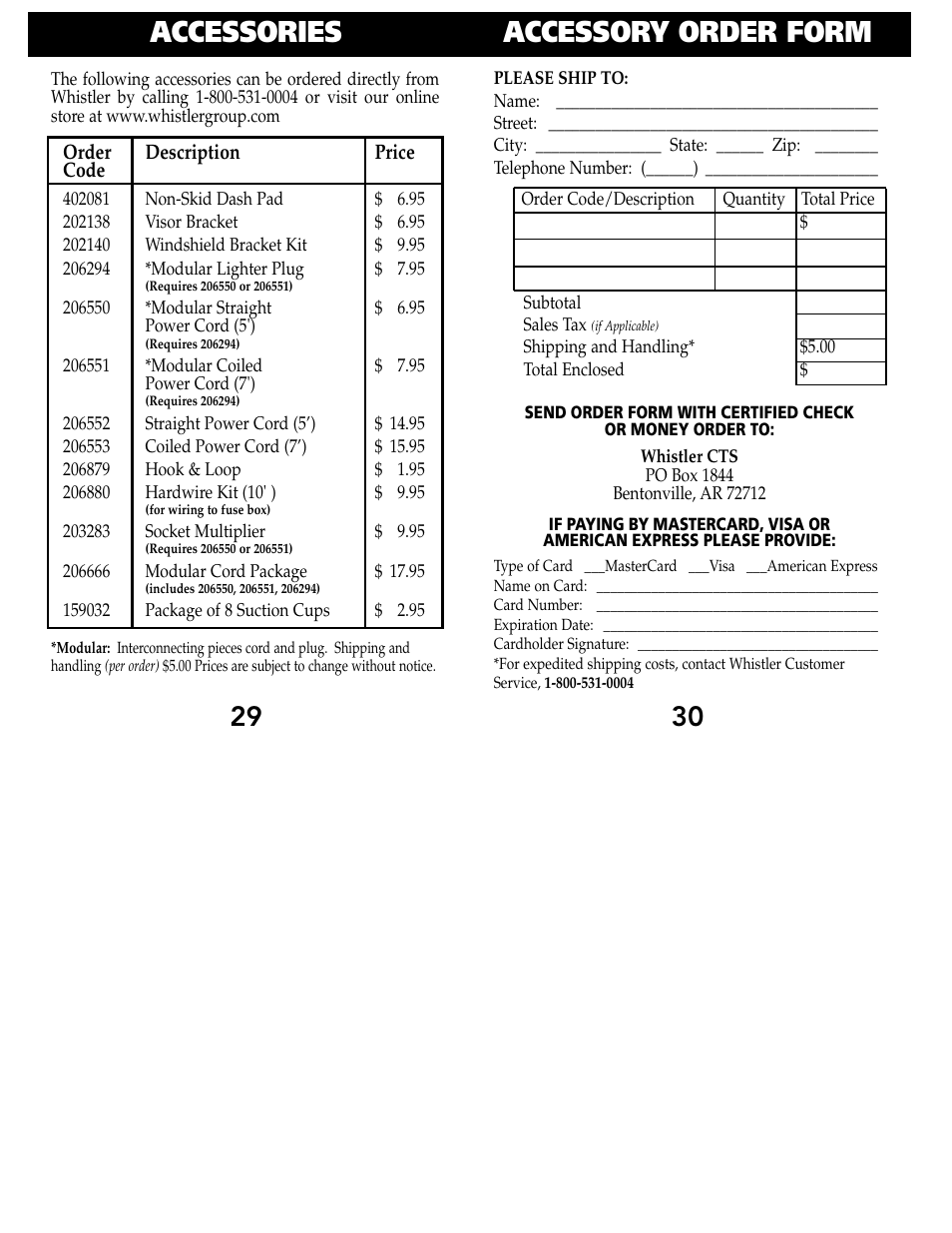 Accessories, Accessory order form | Whistler 1640 User Manual | Page 7 / 7