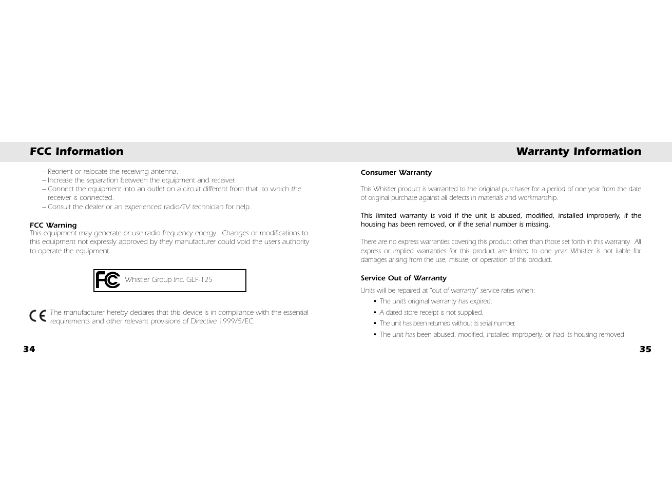 Fcc information warranty information | Whistler GLF-125 User Manual | Page 19 / 22