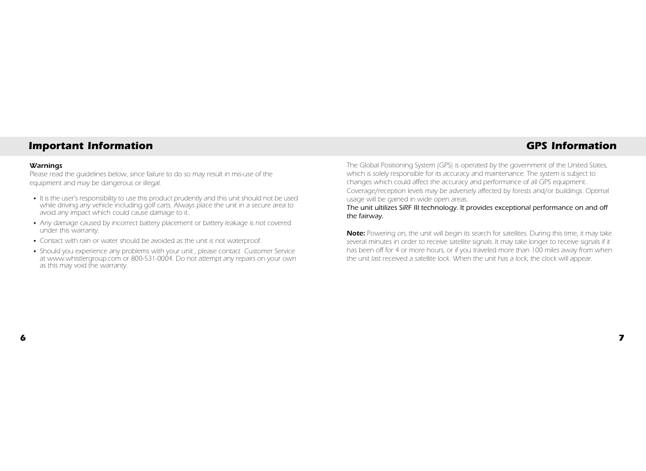 Important information gps information | Whistler GLF-125 User Manual | Page 5 / 22