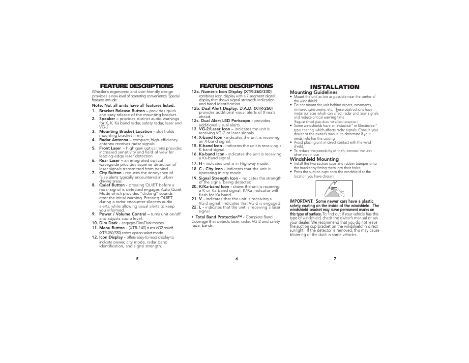 Feature descriptions, Installation | Whistler XTR-140  EN User Manual | Page 3 / 9