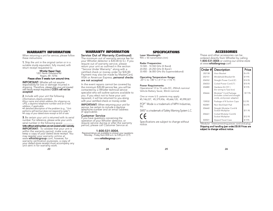 Warranty information, Specifications, Accessories | Whistler XTR-140  EN User Manual | Page 9 / 9