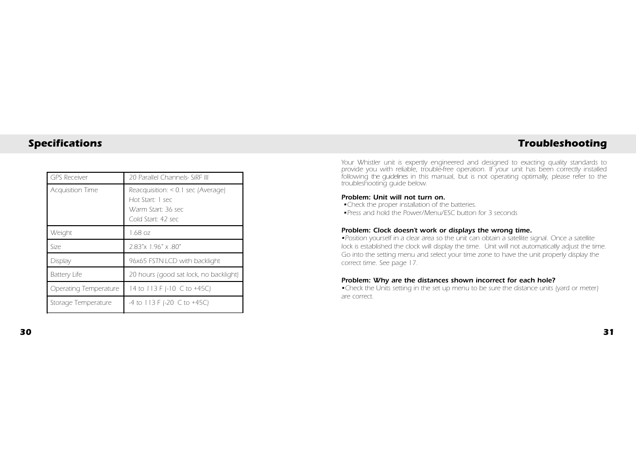 Specifications troubleshooting | Whistler GOLFDIGEST GLF-100 User Manual | Page 17 / 22