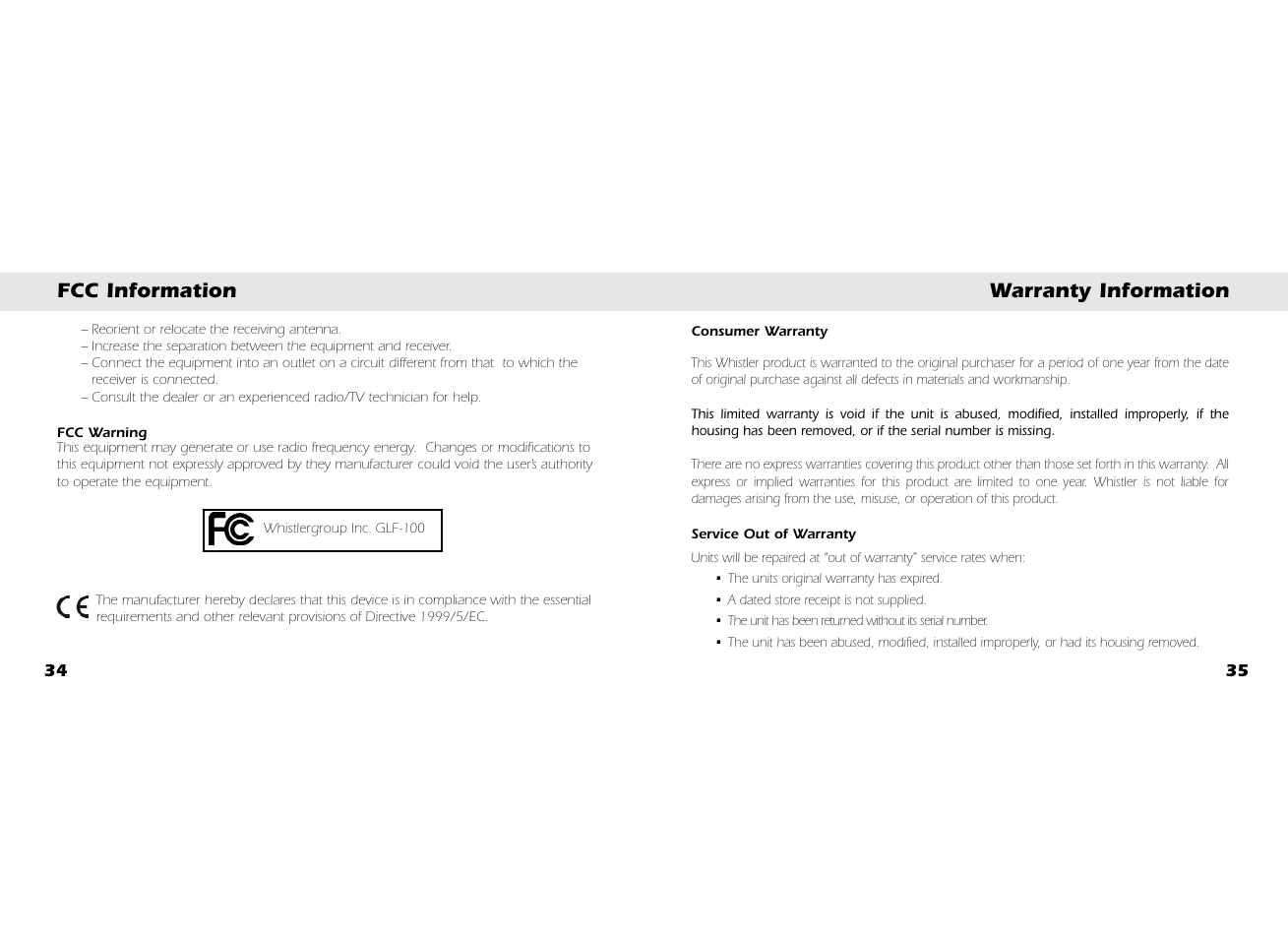 Fcc information warranty information | Whistler GOLFDIGEST GLF-100 User Manual | Page 19 / 22