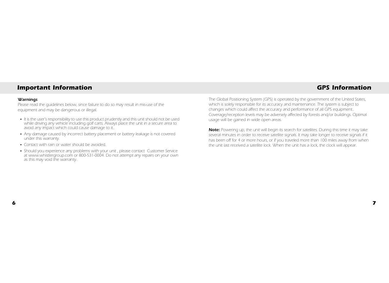 Important information gps information | Whistler GOLFDIGEST GLF-100 User Manual | Page 5 / 22