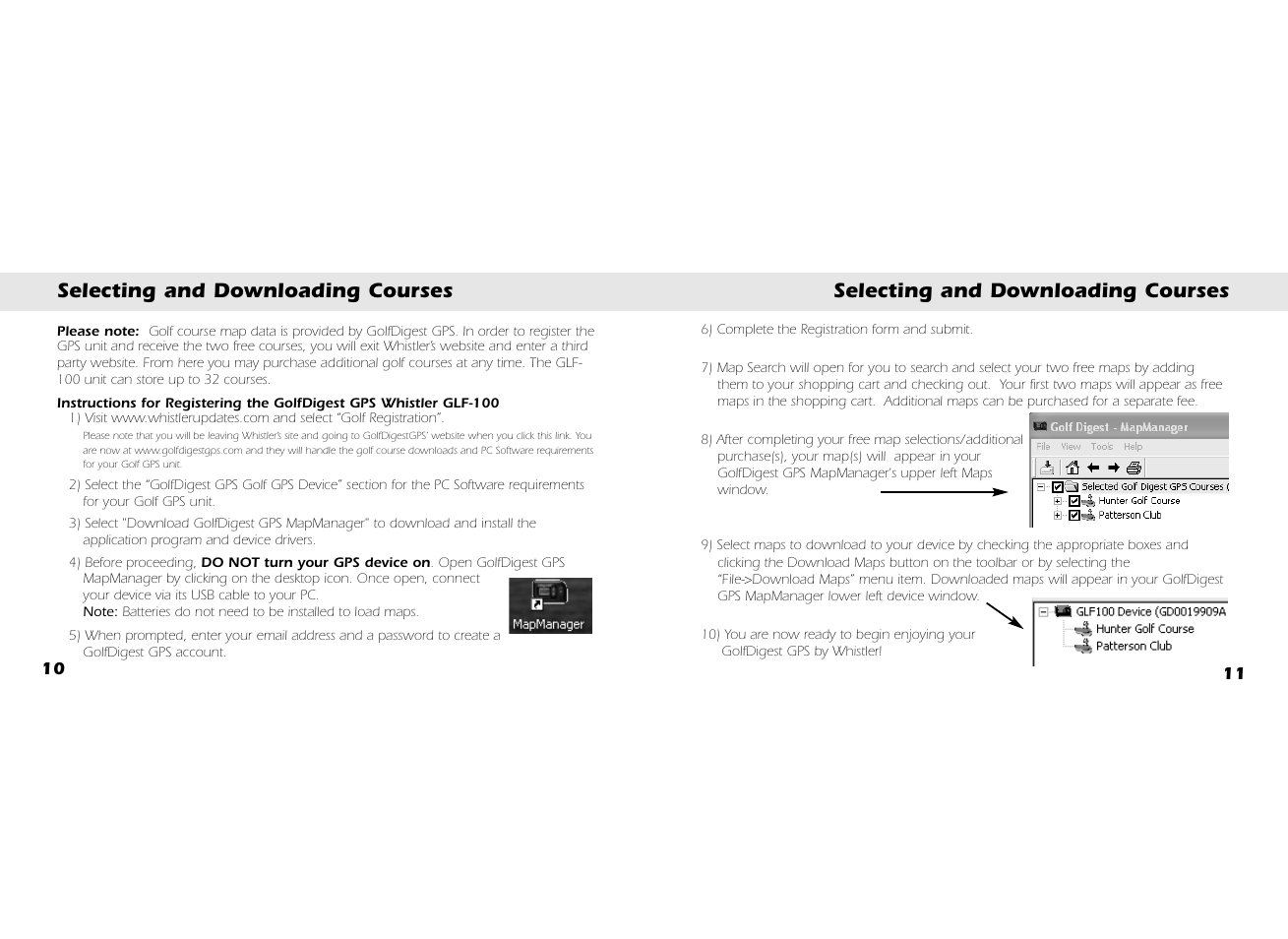 Selecting and downloading courses | Whistler GOLFDIGEST GLF-100 User Manual | Page 7 / 22