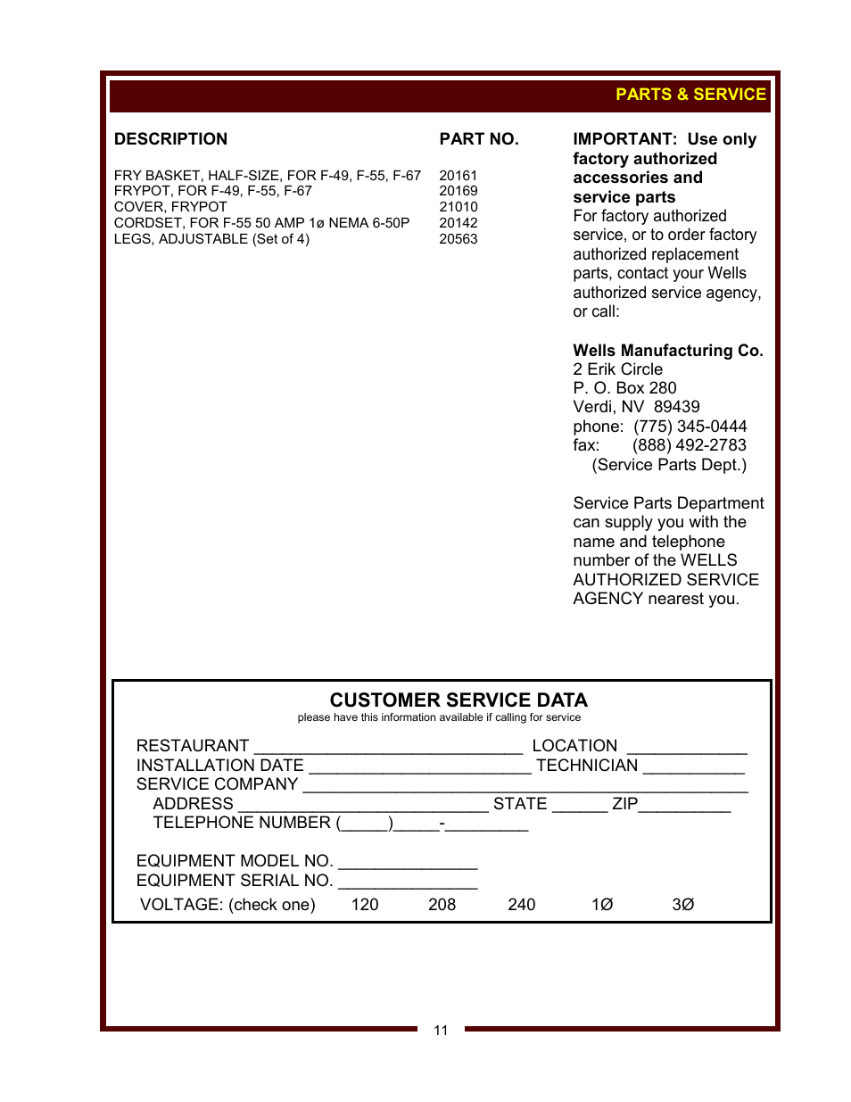 Customer service data | Wells F-49 User Manual | Page 13 / 14