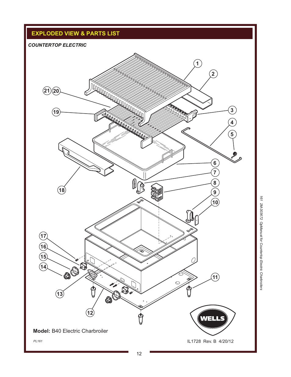 Exploded view & parts list | Wells B-50 User Manual | Page 14 / 28