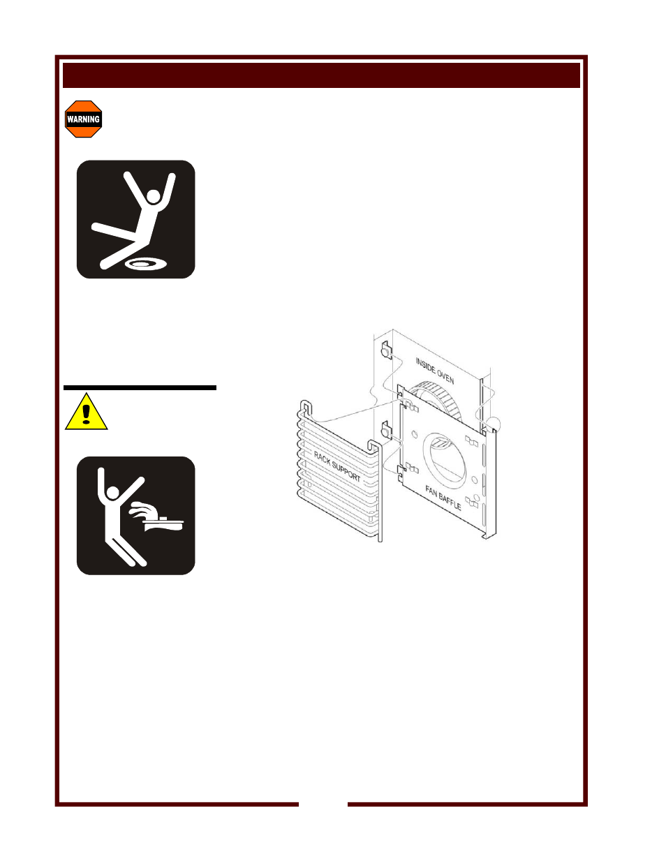Installation (continued) warning, Caution, Grease trough and grease cup installation | Oven rack installation, Slip / fall hazard spilled oil, Burn hazard | Wells CONVECTION OVEN and 4 HOTPLATE COOKTOP with UNIVERSAL HOOD WVOC-4HS User Manual | Page 14 / 34
