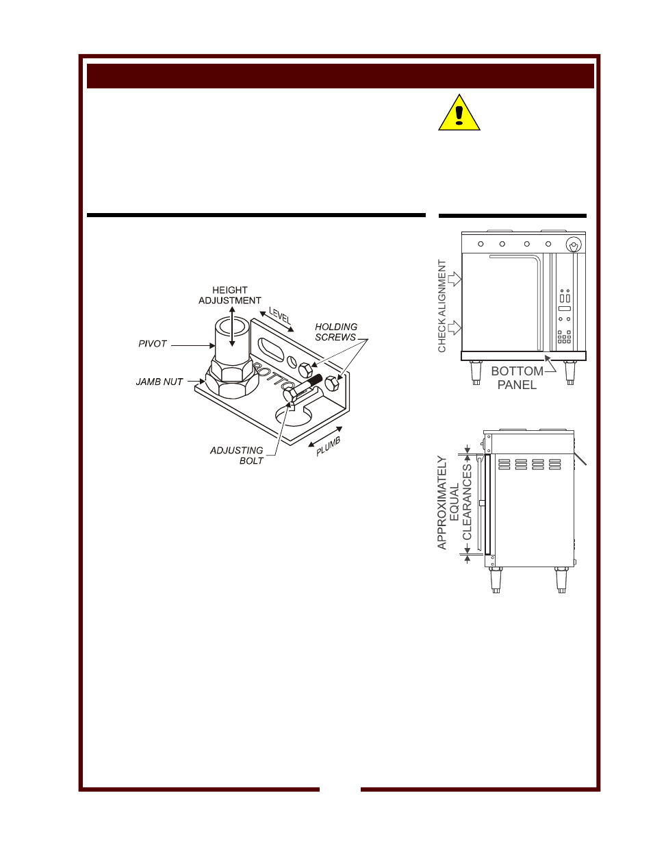 Hinge adjustment, Maintenance instructions (continued), Caution | Precautions, Frequency, Tools, Bottom panel | Wells CONVECTION OVEN and 4 HOTPLATE COOKTOP with UNIVERSAL HOOD WVOC-4HS User Manual | Page 25 / 34