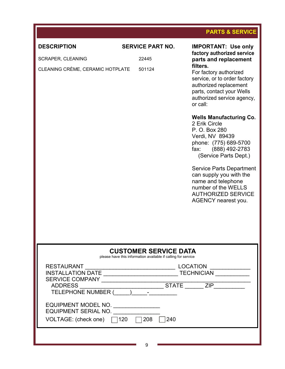 Customer service data | Wells HC-1006 User Manual | Page 11 / 12