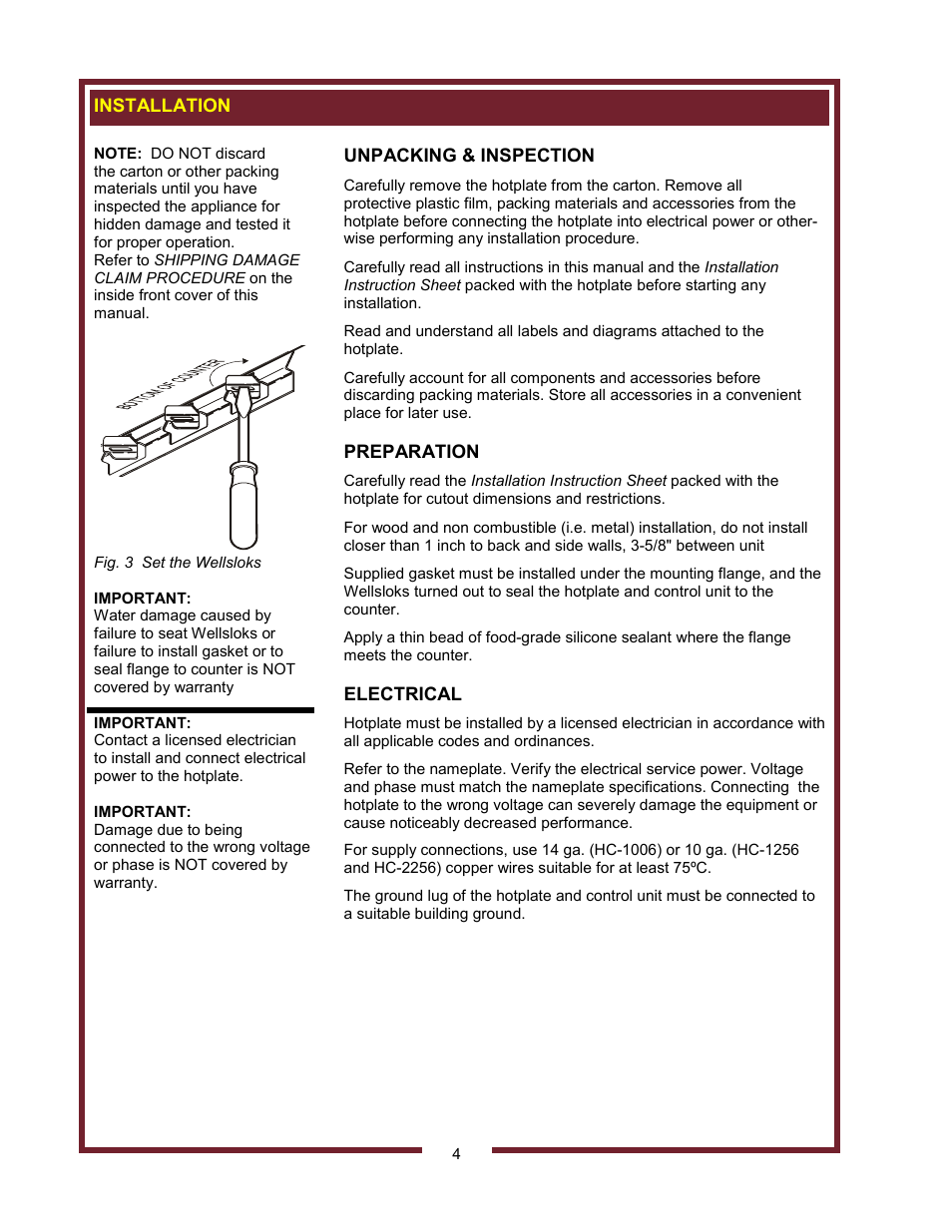 Installation, Unpacking & inspection, Preparation | Electrical | Wells HC-1006 User Manual | Page 6 / 12