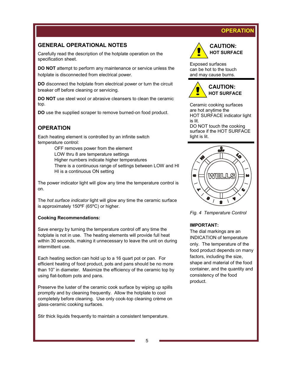 Operation, Caution | Wells HC-1006 User Manual | Page 7 / 12
