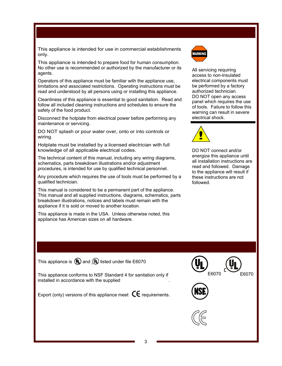 Agency approval information, Warning, Caution | Precautions and general information | Wells BUILT-IN CERAMIC HOTPLATES HC-1006 User Manual | Page 5 / 12