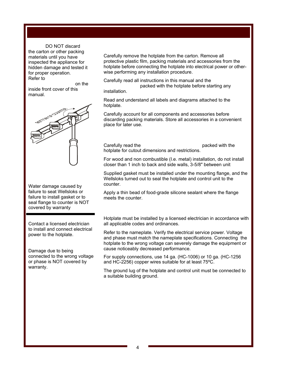 Installation, Unpacking & inspection, Preparation | Electrical | Wells BUILT-IN CERAMIC HOTPLATES HC-1006 User Manual | Page 6 / 12