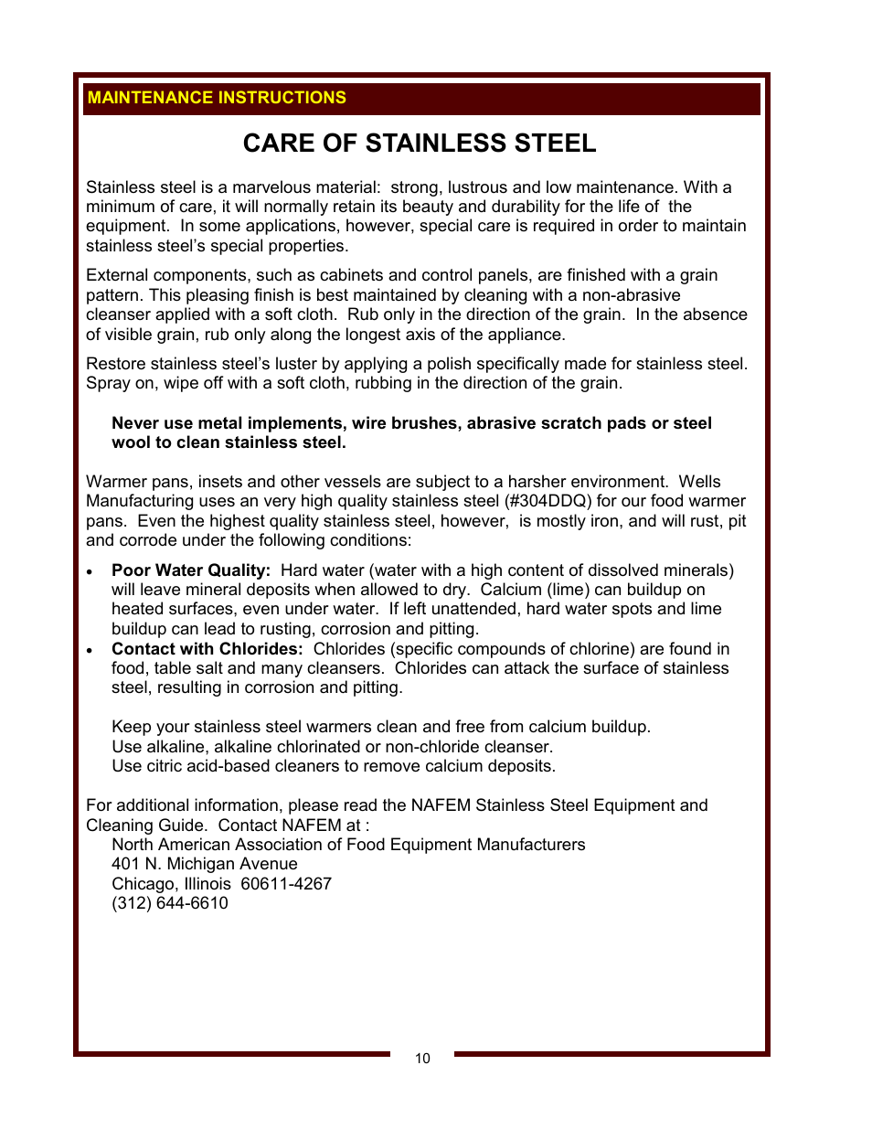 Care of stainless steel | Wells HW/SMP-6D User Manual | Page 12 / 16