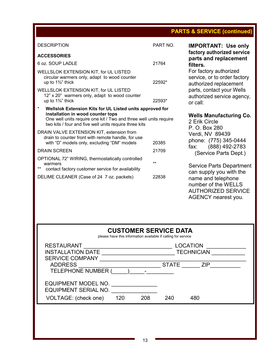 Customer service data | Wells HW/SMP-6D User Manual | Page 15 / 16